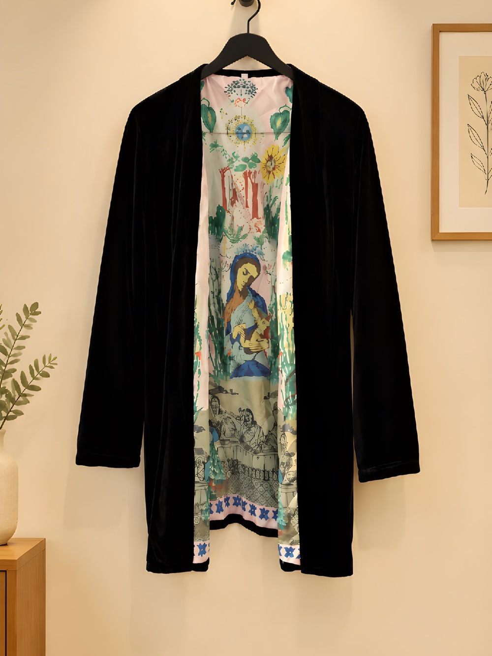 Black Rayon Velvet Opera Jacket with Virgin Mary S Med